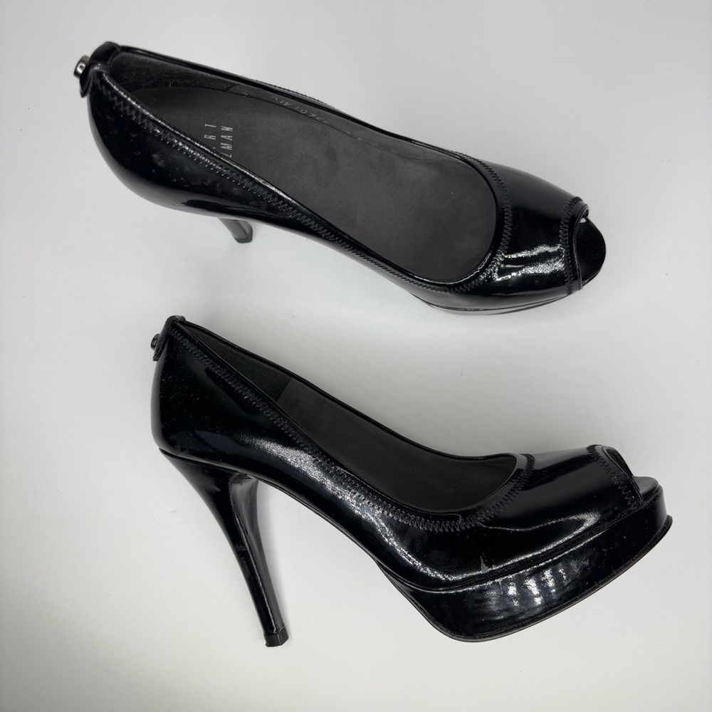 SH1 Stuart Weitzman High Heels Peep Toe Pumps Black Patent Leather Shoes 7.5N